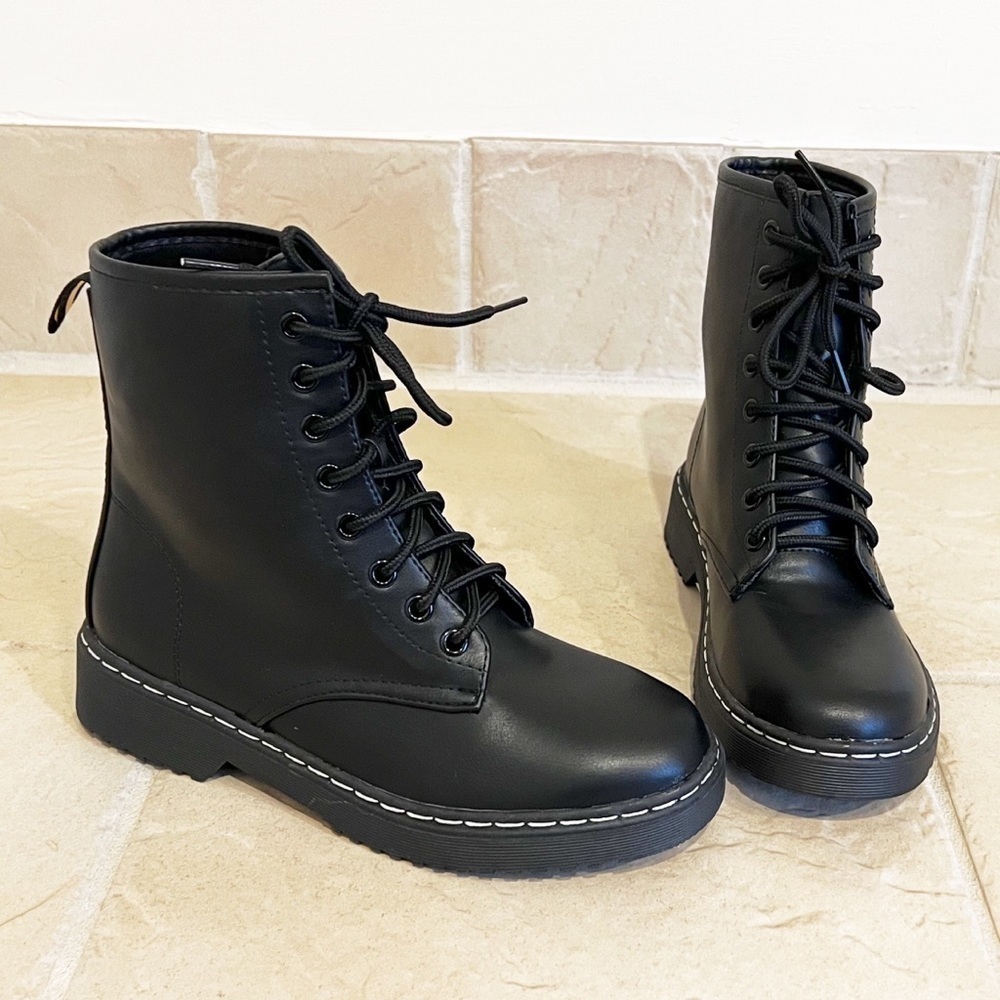 🆕 Catherine Malandrino Helli lace up combat moto boots faux leather blac…